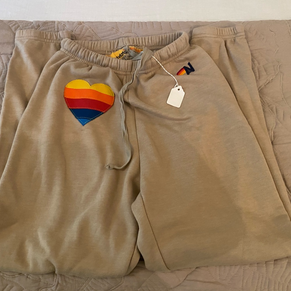Aviator Nation Rainbow Heart Stitch Sweatpants - Sand